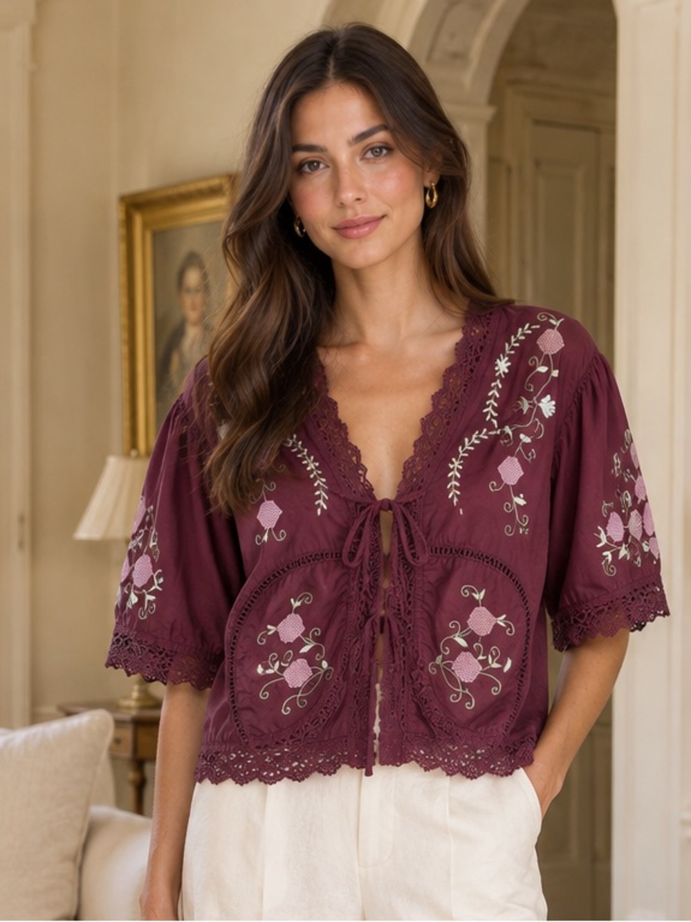 Jennifer & Grace Burgundy New Maroon Cross Stitch Embroidery Top M (Sezane